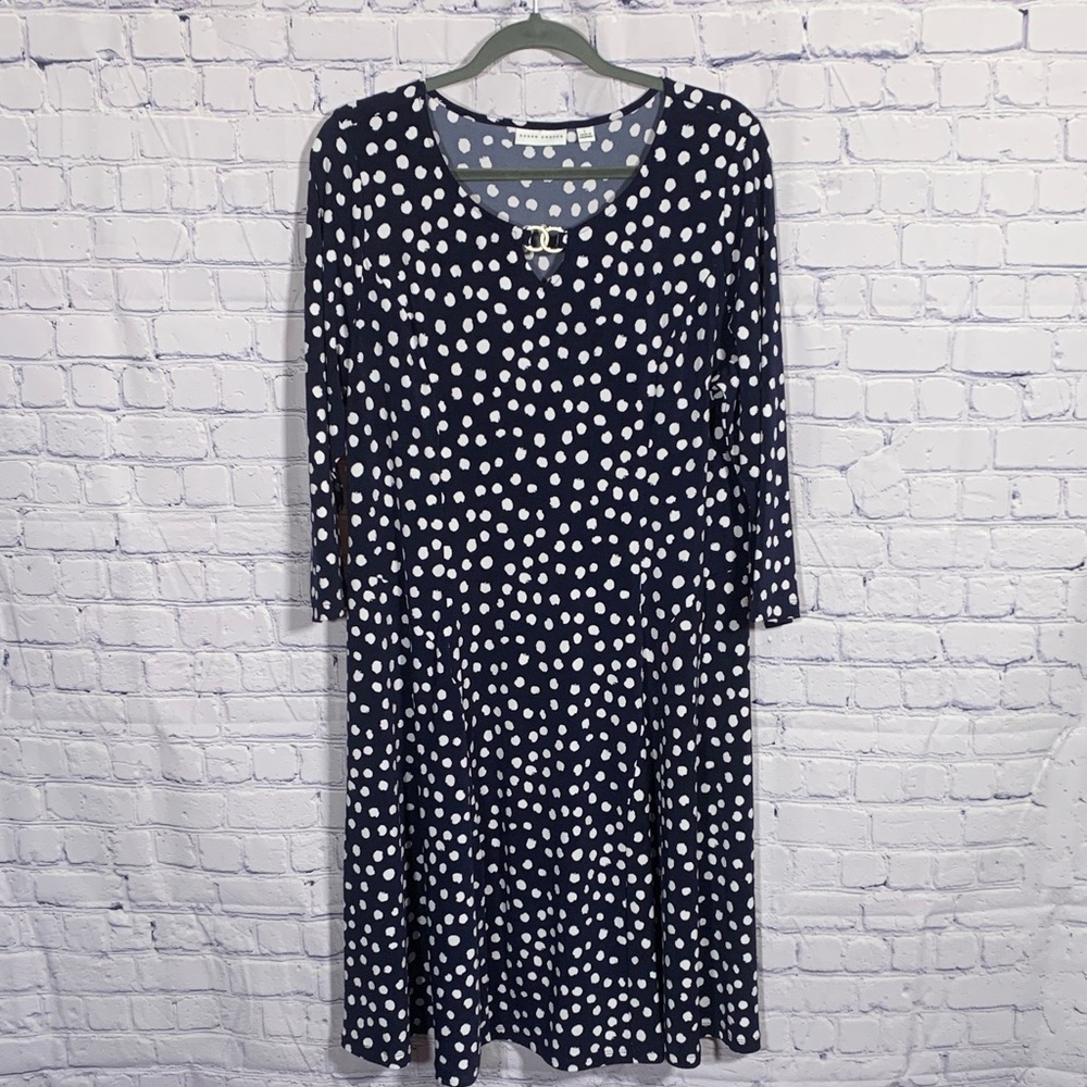 Susan Graver Womens Liquid Knit Polka Dot Knee Length Dress Navy Size L